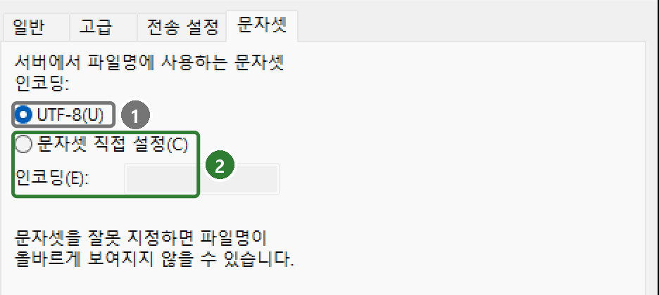 사이트 관리자 문자셋 탭. UTF-8과 문자셋 직접 설정, 인코딩 칸