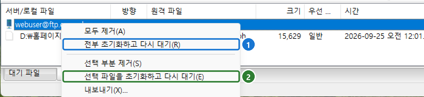 실패 항목을 오른쪽 클릭한 메뉴. 모두 제거, 전부 초기화하고 다시 대기, 선택 부분 제거, 선택 파일을 초기화하고 다시 대기, 내보내기