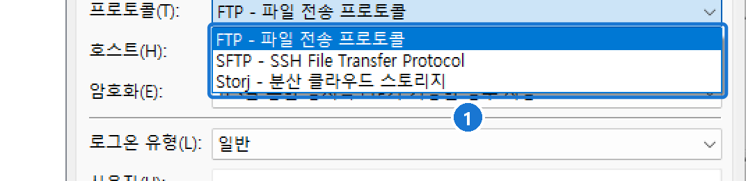 사이트 관리자 프로토콜 목록: FTP - 파일 전송 프로토콜, SFTP - SSH File Transfer Protocol, Storj - 분산 클라우드 스토리지